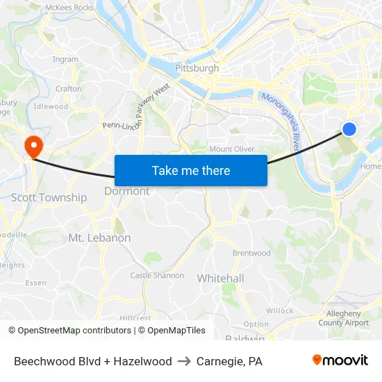 Beechwood Blvd + Hazelwood to Carnegie, PA map