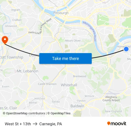 West St + 13th to Carnegie, PA map