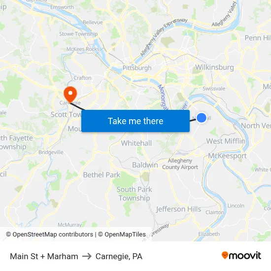 Main St + Marham to Carnegie, PA map