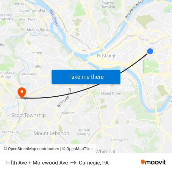 Fifth Ave + Morewood Ave to Carnegie, PA map