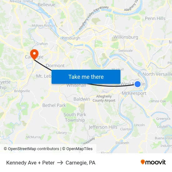 Kennedy Ave + Peter to Carnegie, PA map
