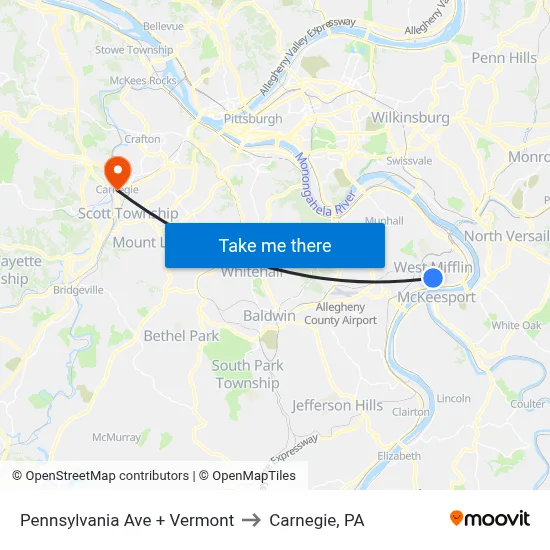 Pennsylvania Ave + Vermont to Carnegie, PA map