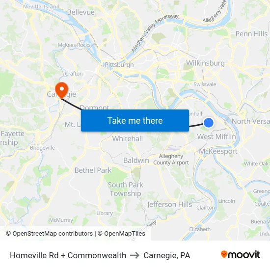 Homeville Rd + Commonwealth to Carnegie, PA map