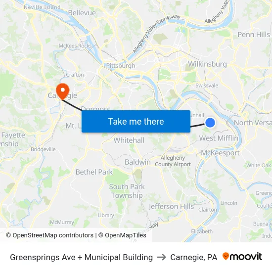 Greensprings Ave + Municipal Building to Carnegie, PA map