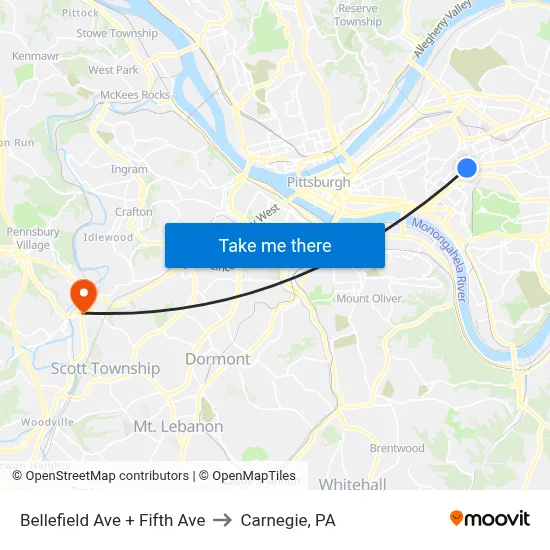 Bellefield Ave + Fifth Ave to Carnegie, PA map