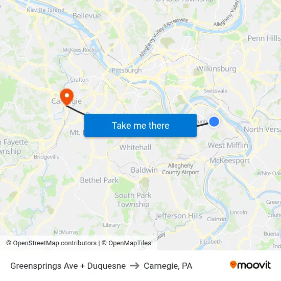Greensprings Ave + Duquesne to Carnegie, PA map