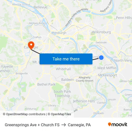 Greensprings Ave + Church FS to Carnegie, PA map