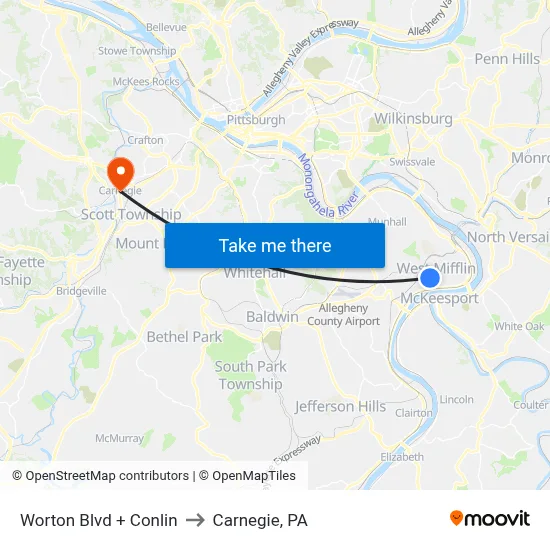 Worton Blvd + Conlin to Carnegie, PA map