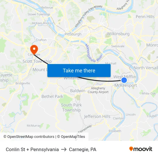 Conlin St + Pennsylvania to Carnegie, PA map