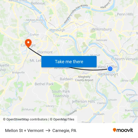Mellon St + Vermont to Carnegie, PA map