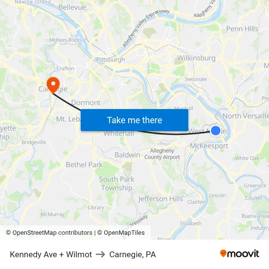 Kennedy Ave + Wilmot to Carnegie, PA map