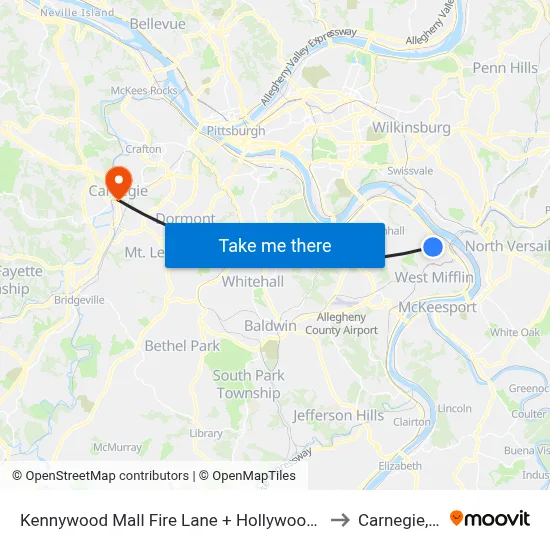 Kennywood Mall Fire Lane + Hollywood Video to Carnegie, PA map