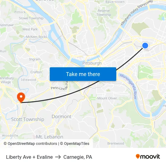 Liberty Ave + Evaline to Carnegie, PA map