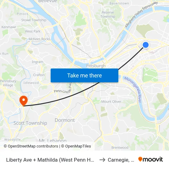 Liberty Ave + Mathilda (West Penn Hosp) to Carnegie, PA map
