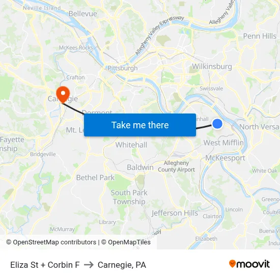 Eliza St + Corbin F to Carnegie, PA map