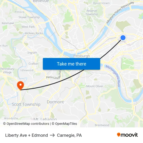 Liberty Ave + Edmond to Carnegie, PA map