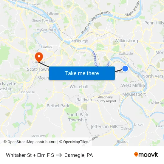 Whitaker St + Elm F S to Carnegie, PA map