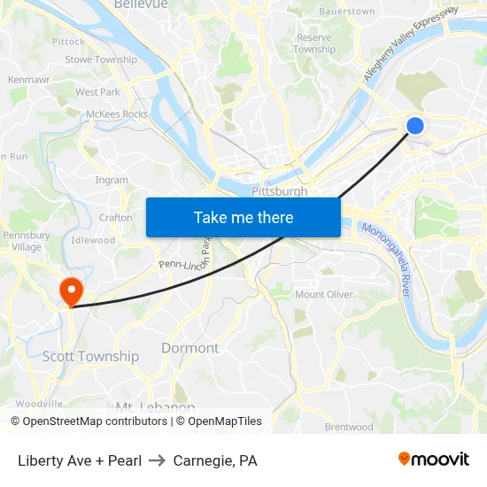 Liberty Ave + Pearl to Carnegie, PA map