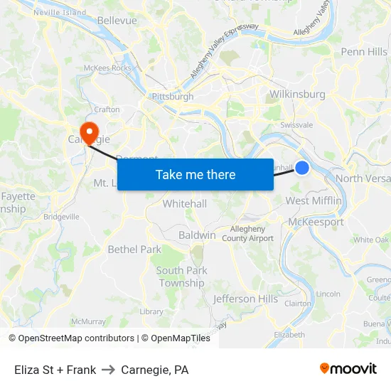 Eliza St + Frank to Carnegie, PA map