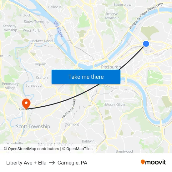 Liberty Ave + Ella to Carnegie, PA map