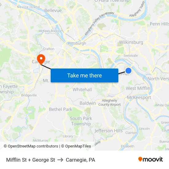 Mifflin St + George St to Carnegie, PA map
