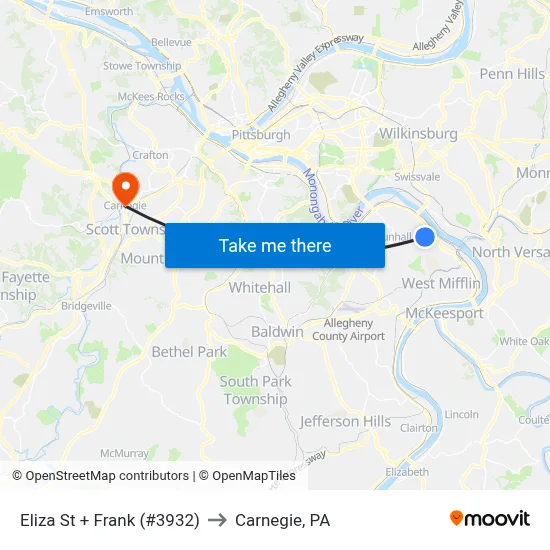 Eliza St + Frank (#3932) to Carnegie, PA map