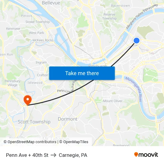 Penn Ave + 40th St to Carnegie, PA map
