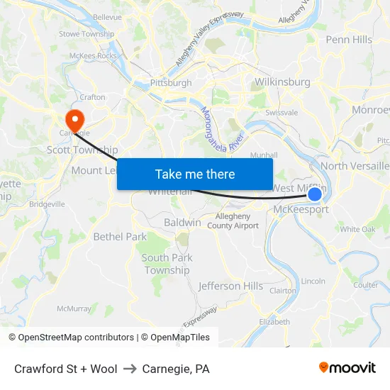 Crawford St + Wool to Carnegie, PA map