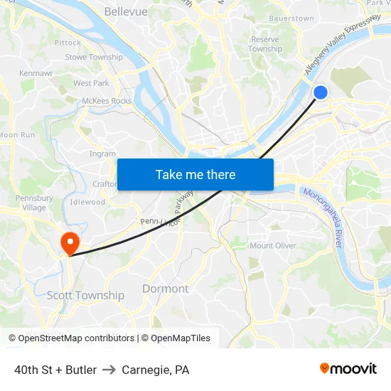 40th St + Butler to Carnegie, PA map