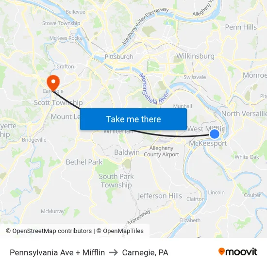 Pennsylvania Ave + Mifflin to Carnegie, PA map