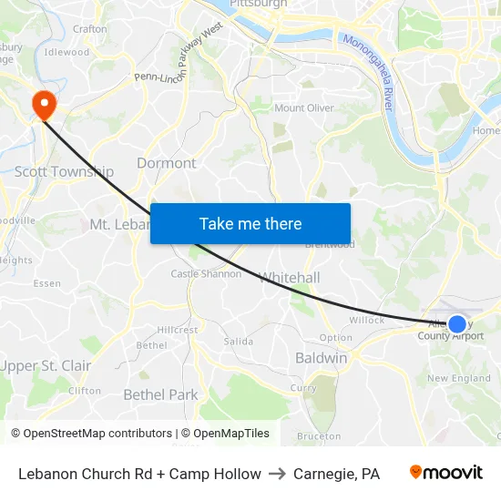 Lebanon Church Rd + Camp Hollow to Carnegie, PA map