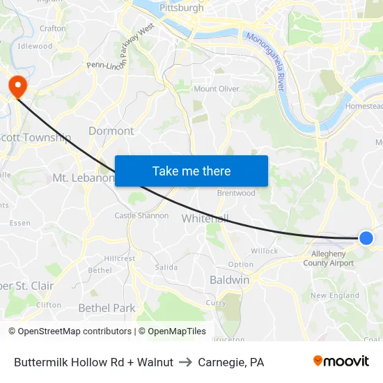 Buttermilk Hollow Rd + Walnut to Carnegie, PA map
