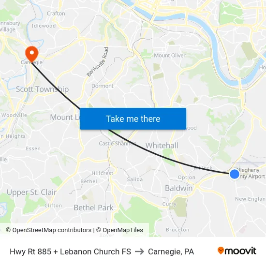 Hwy Rt 885 + Lebanon Church FS to Carnegie, PA map