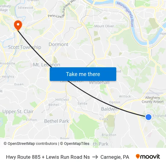 Hwy Route 885 + Lewis Run Road Ns to Carnegie, PA map