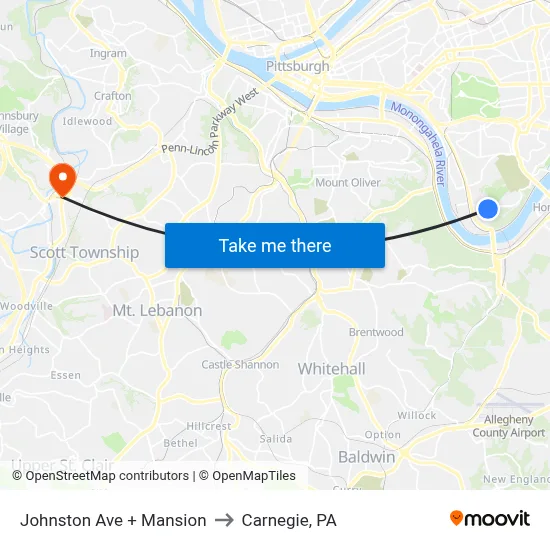 Johnston Ave + Mansion to Carnegie, PA map