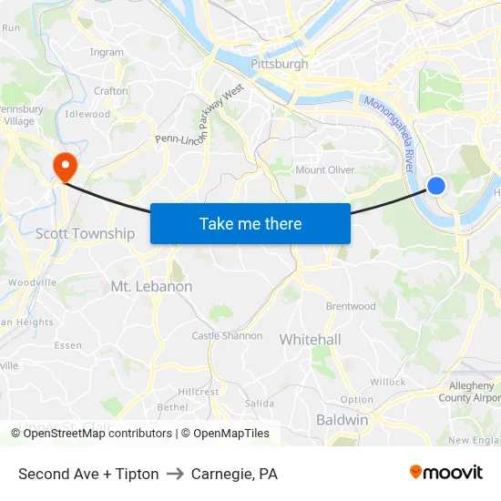 Second Ave + Tipton to Carnegie, PA map