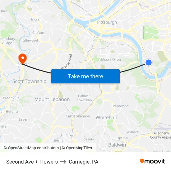 Second Ave + Flowers to Carnegie, PA map