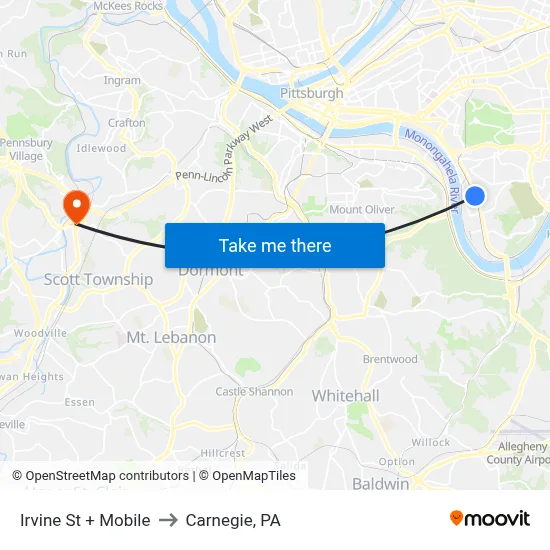 Irvine St + Mobile to Carnegie, PA map