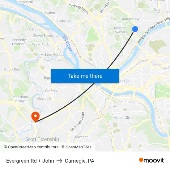 Evergreen Rd + John to Carnegie, PA map