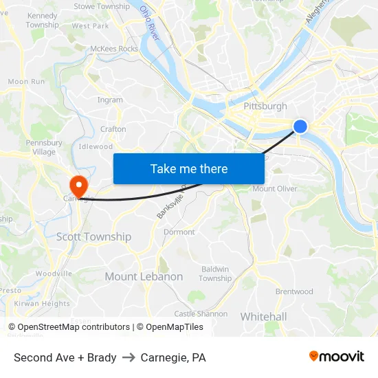 Second Ave + Brady to Carnegie, PA map