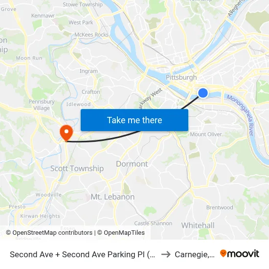 Second Ave + Second Ave Parking Pl (#1250) to Carnegie, PA map