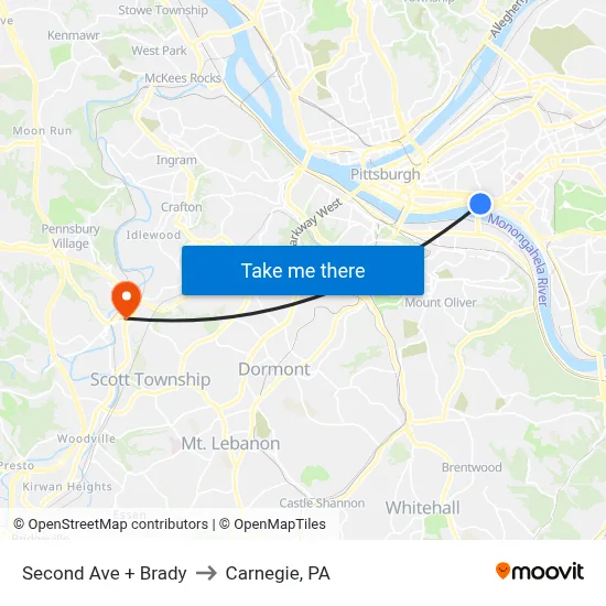 Second Ave + Brady to Carnegie, PA map