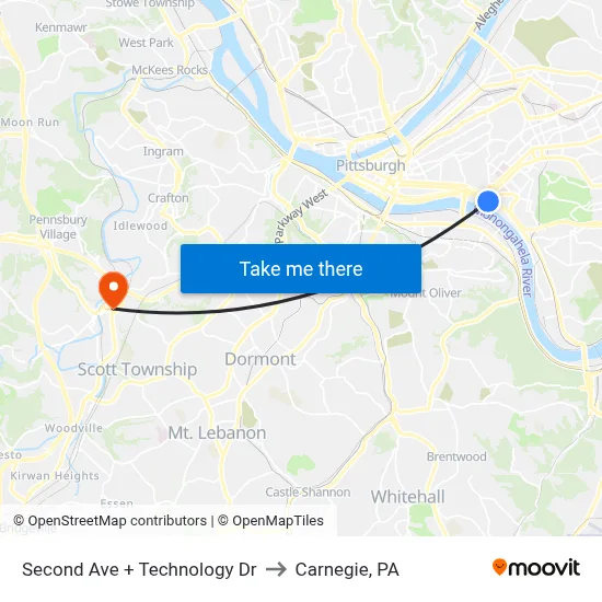Second Ave + Technology Dr to Carnegie, PA map