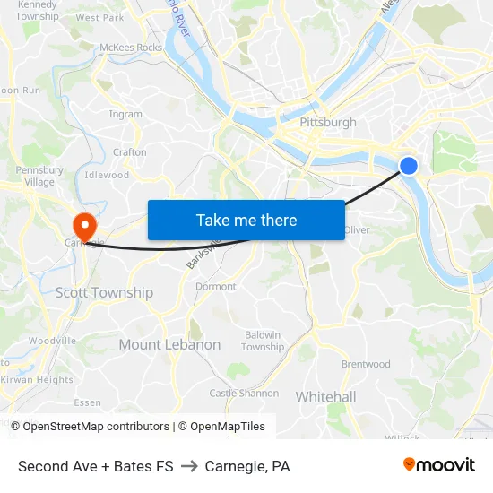Second Ave + Bates FS to Carnegie, PA map