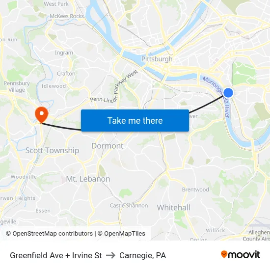 Greenfield Ave + Irvine St to Carnegie, PA map
