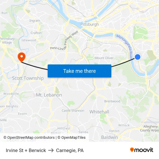 Irvine St + Berwick to Carnegie, PA map