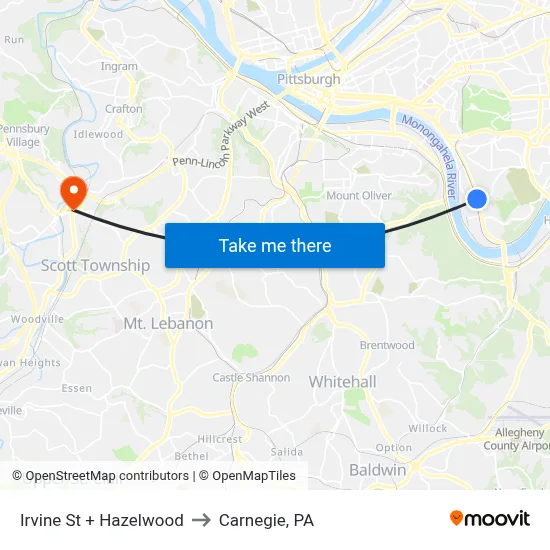 Irvine St + Hazelwood to Carnegie, PA map