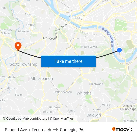 Second Ave + Tecumseh to Carnegie, PA map