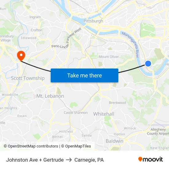 Johnston Ave + Gertrude to Carnegie, PA map