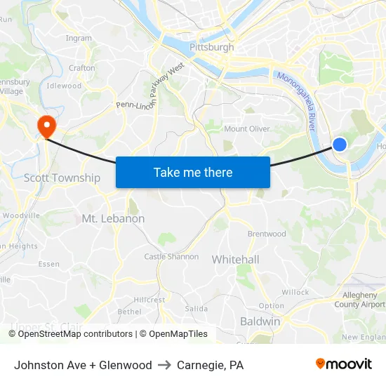 Johnston Ave + Glenwood to Carnegie, PA map